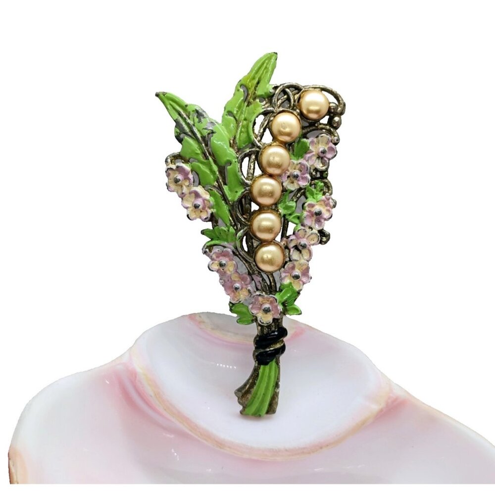 Vtg 30's Enameled Flower Bouquet Figural Brooch, Pink & Cream Faux Pearls - READ